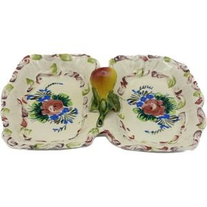 Vtg Italy Serving Divided Dish Tray Nuts Veggie Pear Handle HandPainted‎ Italian